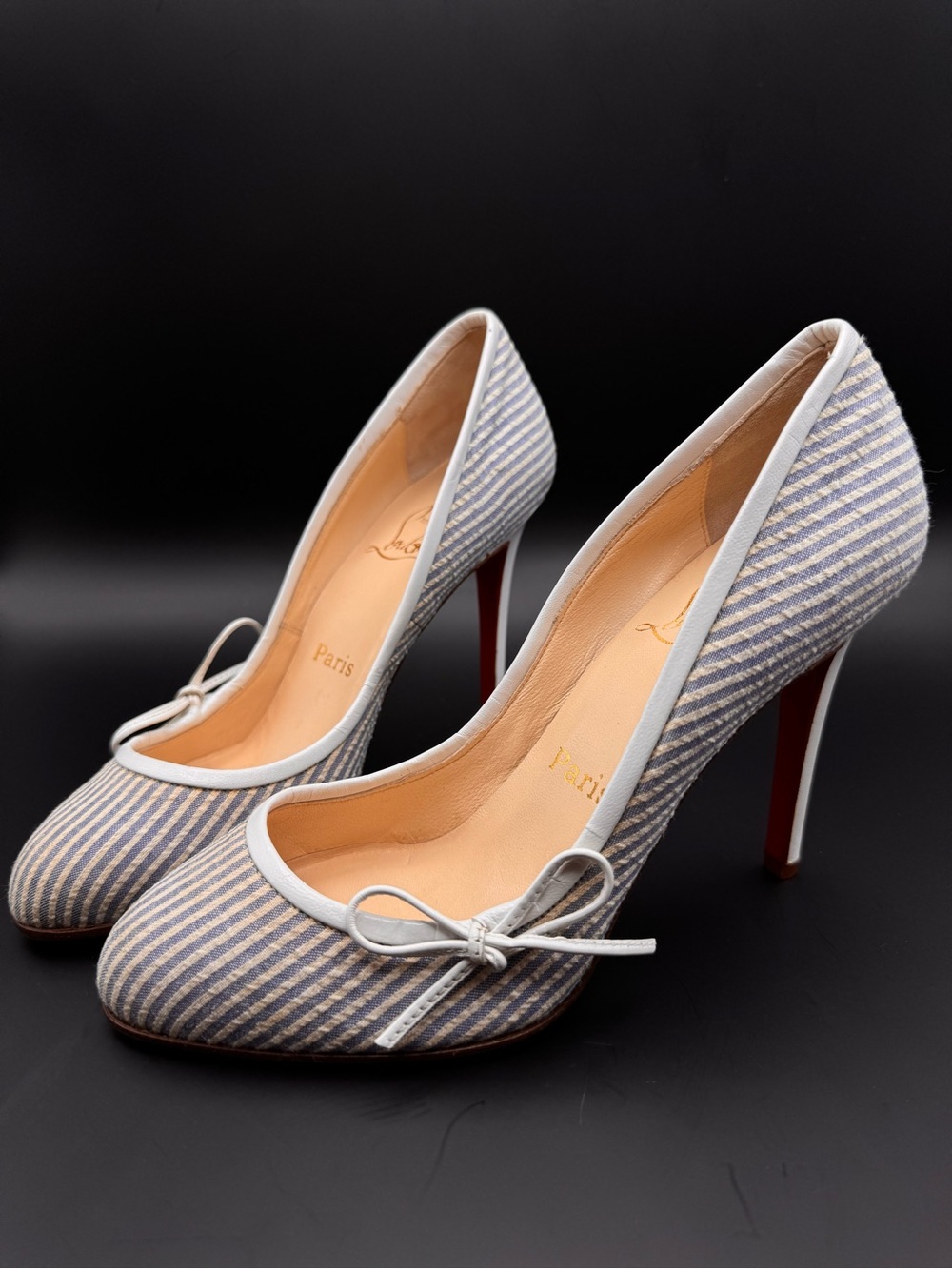 Christian Louboutin Pigalle Follies 100 Blue White Striped Canvas Bow heels 37